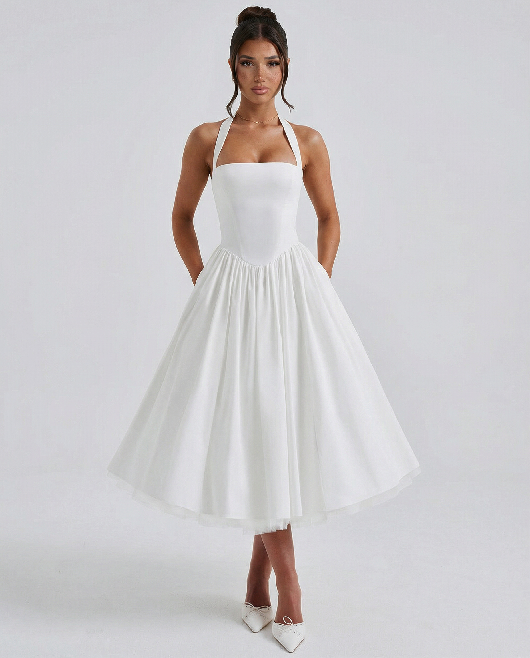Elena Whitmore | Elegant White Midi Dress For Women