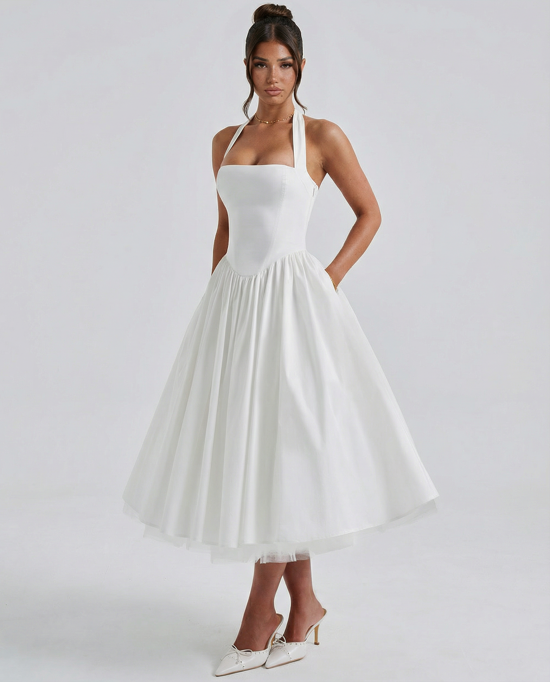 Elena Whitmore | Elegant White Midi Dress For Women