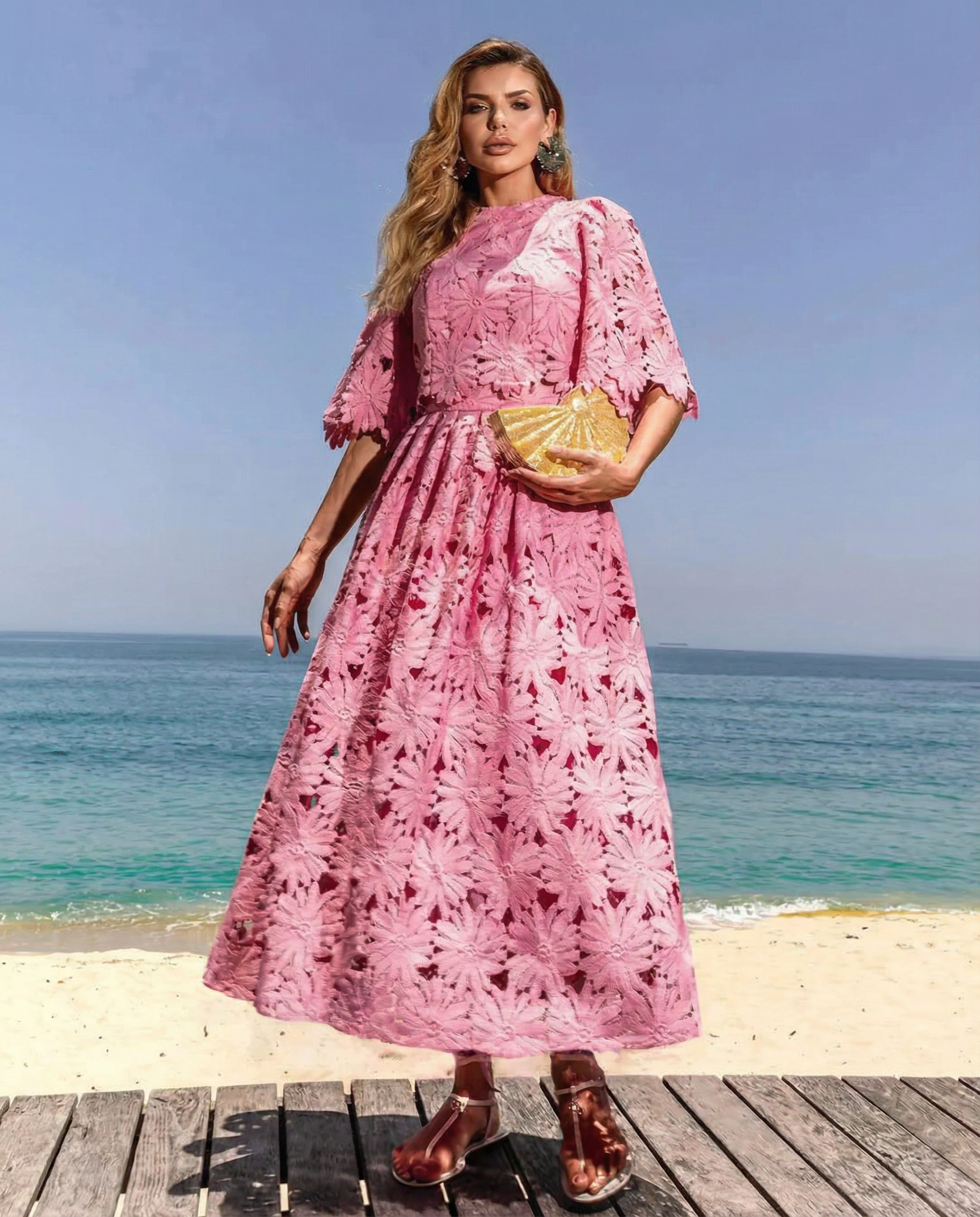 Sophie Laurent | Sky Blue Lace Midi Dress For Women