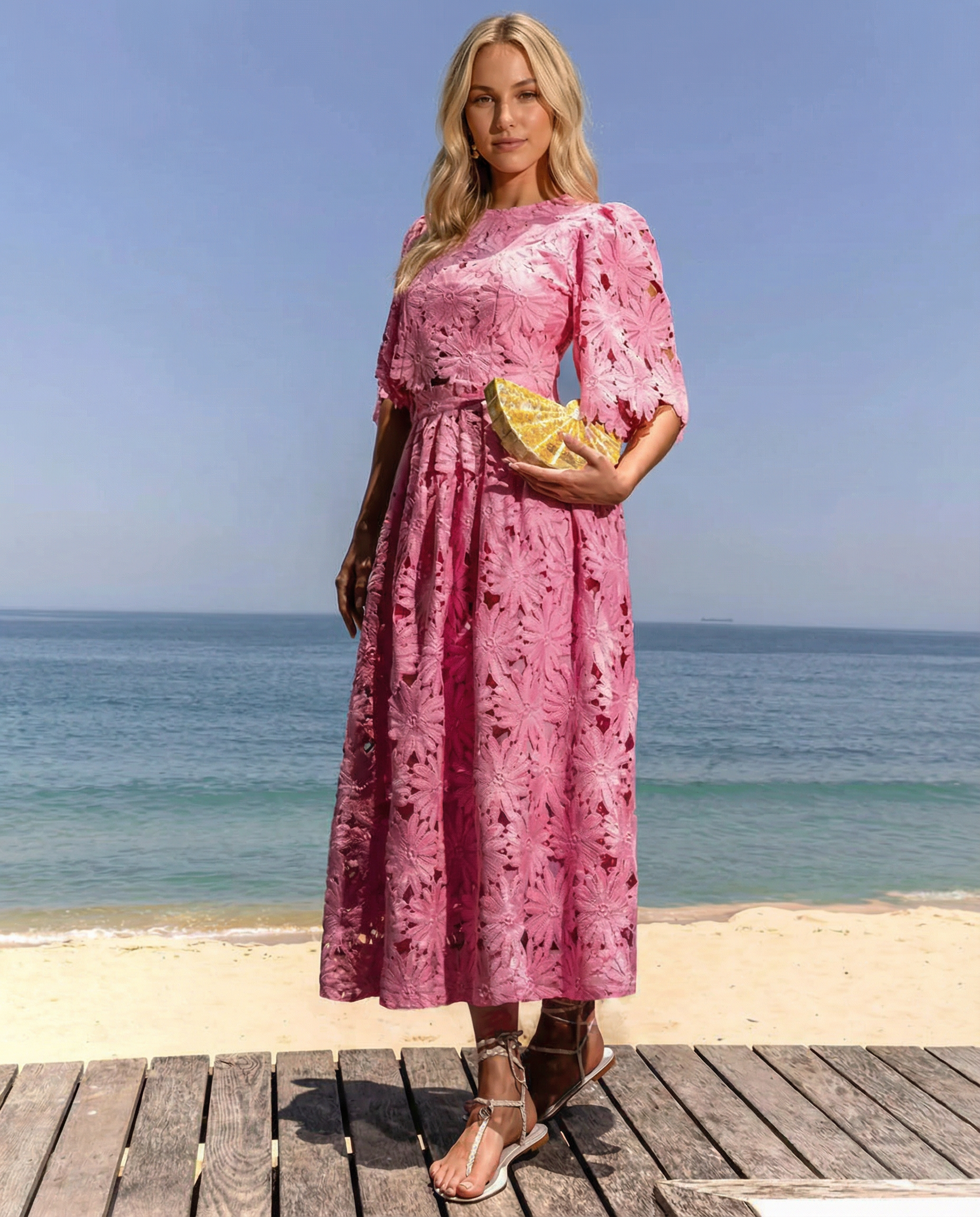 Sophie Laurent | Sky Blue Lace Midi Dress For Women