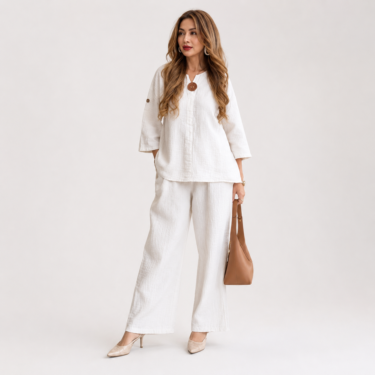Phoebe Collins | Linen Tunic & Wide Leg Palazzo Pants Set For Women