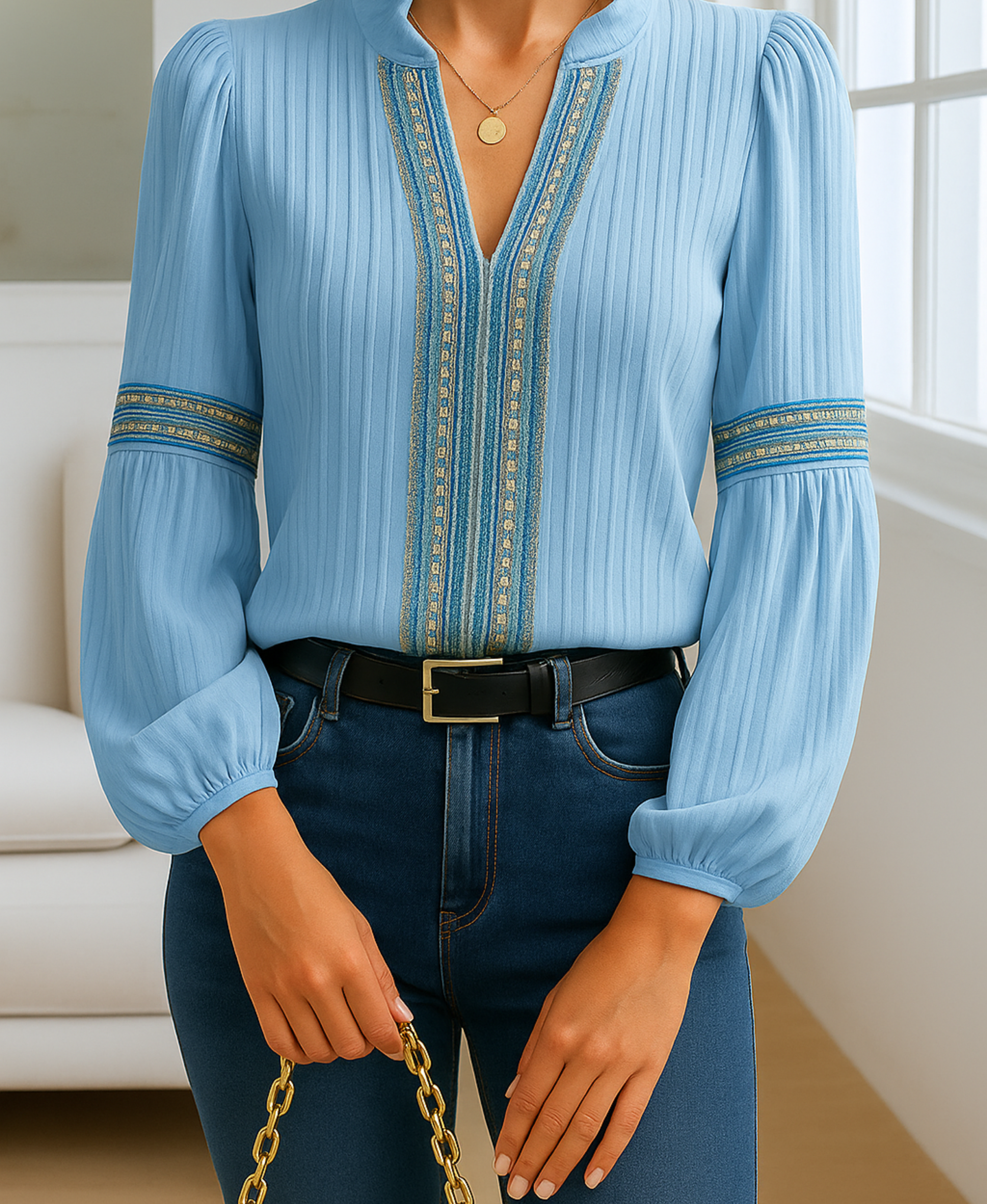 Imogen Sutherland | V-Neck Blouse With Embroidered Trim For Women