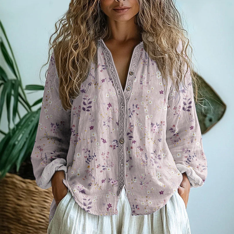 Élise Laurent | Botanical Linen Blouse with Artistic Print For Women
