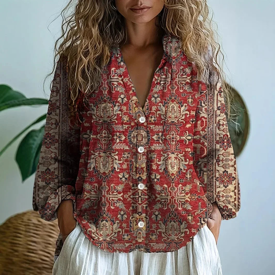 Élise Laurent | Botanical Linen Blouse with Artistic Print For Women