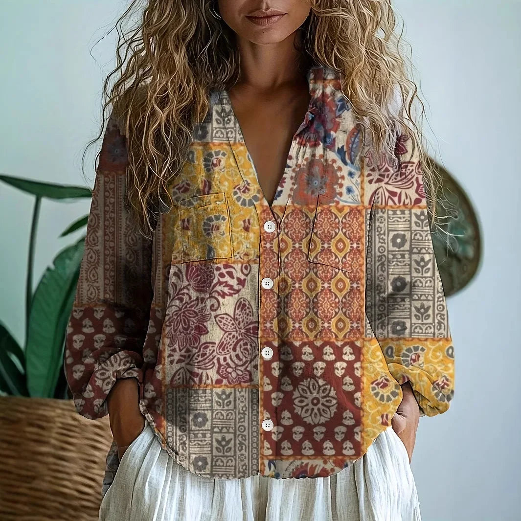 Élise Laurent | Botanical Linen Blouse with Artistic Print For Women