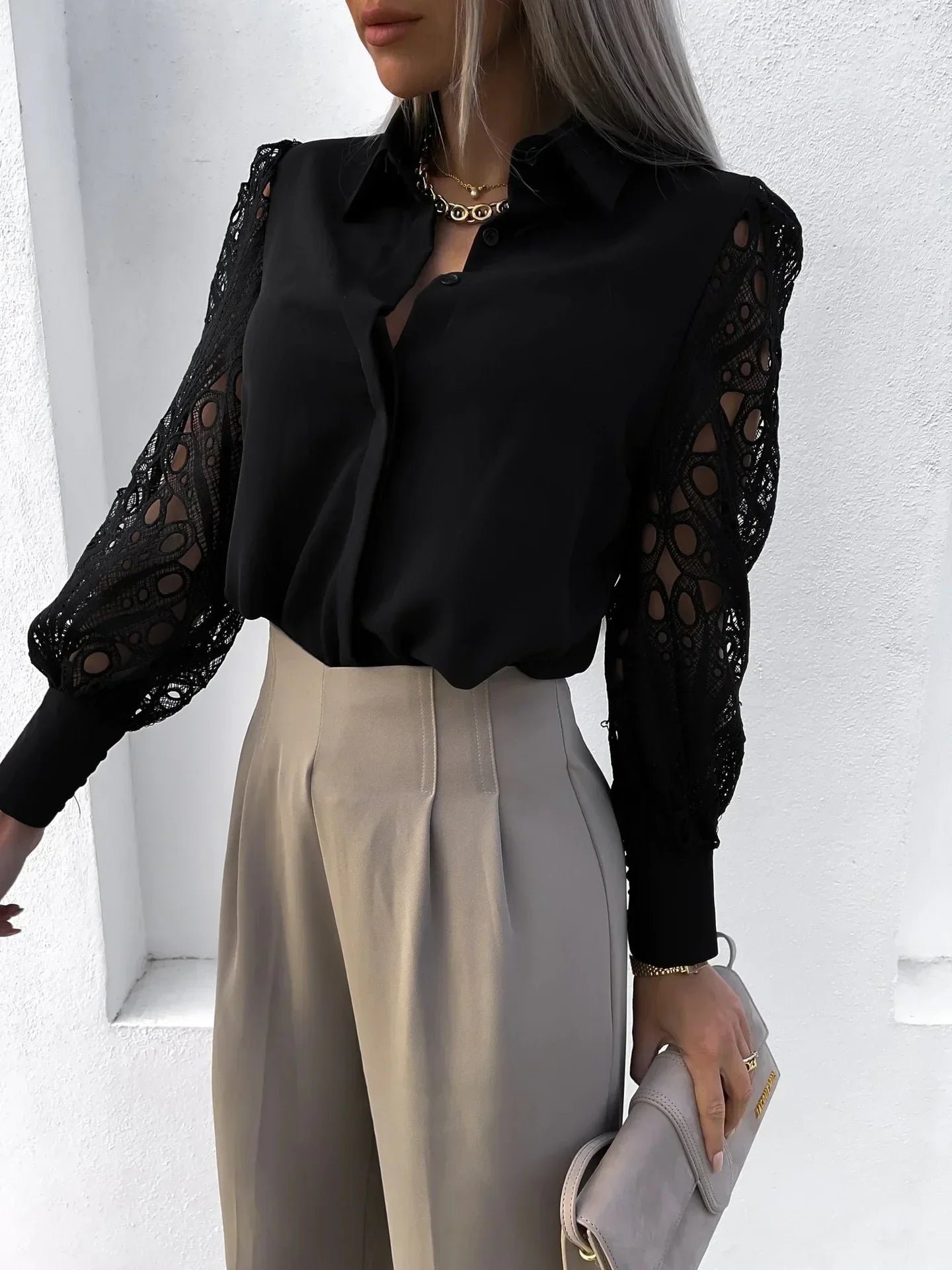 Beatrice Langton | Sculptural Lace-Sleeve Blouse For Women