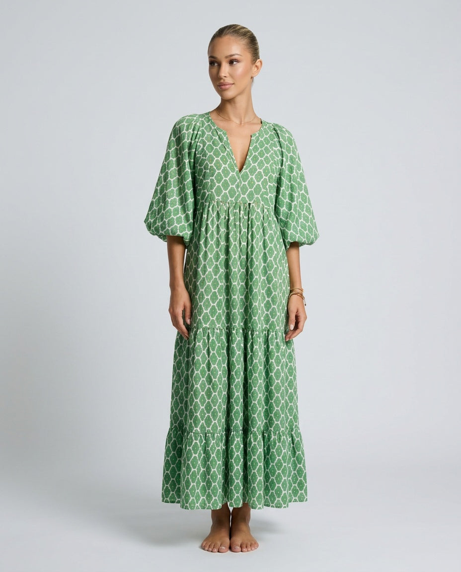 Mia Harrington | V-Neck Balloon Sleeve Tiered Maxi Dress For Women
