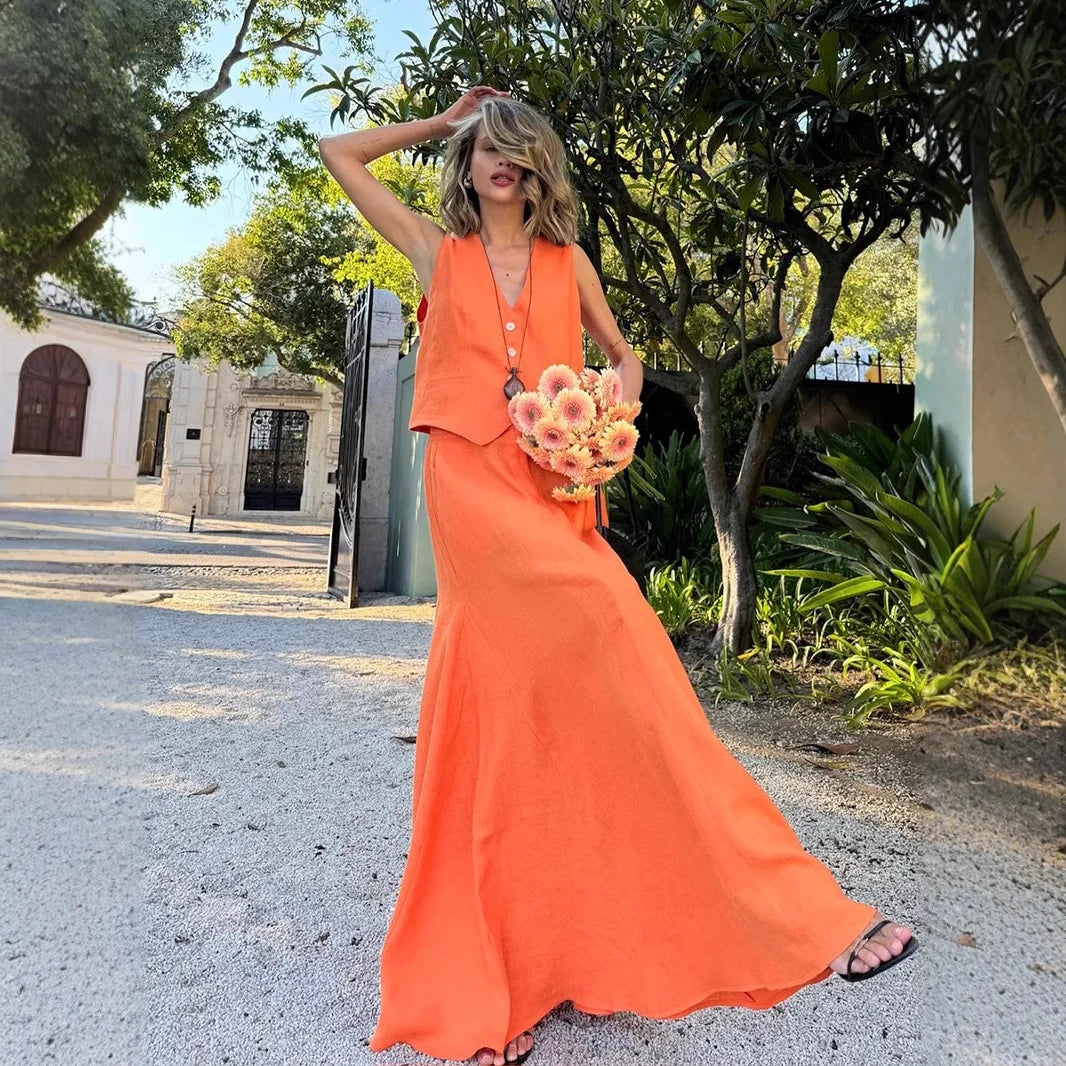 Charlotte Fairbank | Linen Vest & Maxi Skirt Set For Women