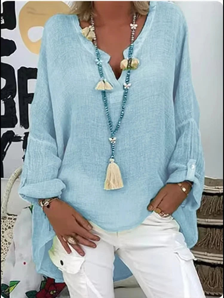 Camille Laurent | Azure Breeze Relaxed Linen Blouse with Effortless Flow For Women