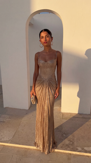 Imogen Sutton | Gold Metallic Corset Maxi Dress For Women