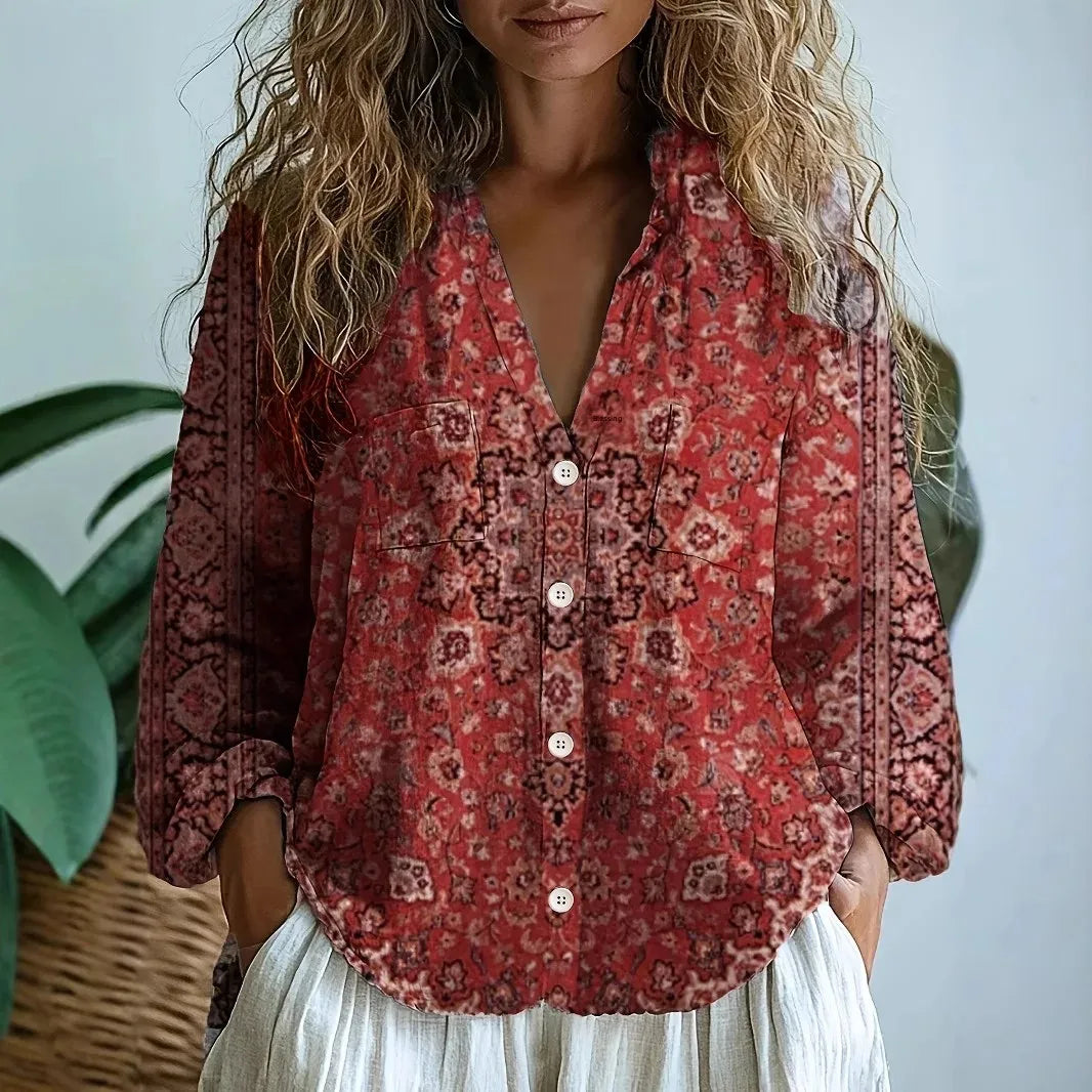 Élise Laurent | Botanical Linen Blouse with Artistic Print For Women
