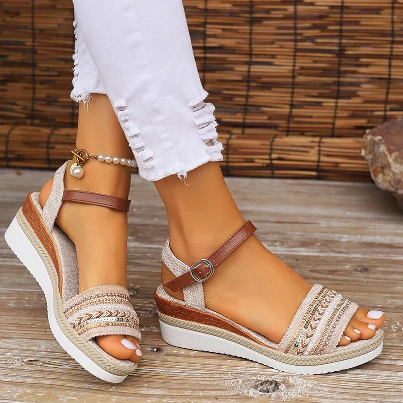 Eliza Thorncliffe | Boho Wedge Sandals With Beaded Ankle Strap For Women