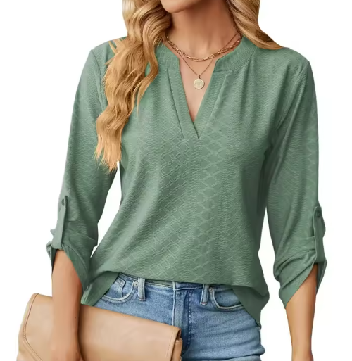 Mackenzie Doherty | V-Neck Blouse With Roll-Tab Sleeves For Women