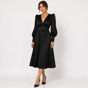 Sienna Calloway | Satin Button-Down V-Neck Midi Dress For Women
