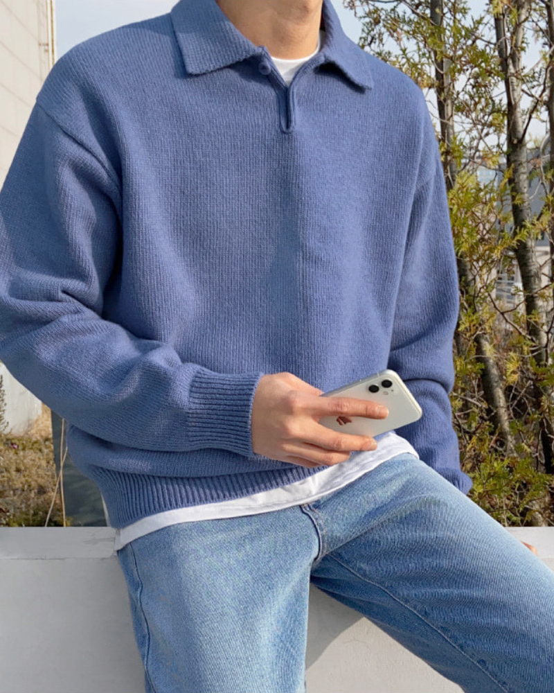 Enzo Laurent | Relaxed Knit Polo Sweater with Soft Minimal Elegance For Men