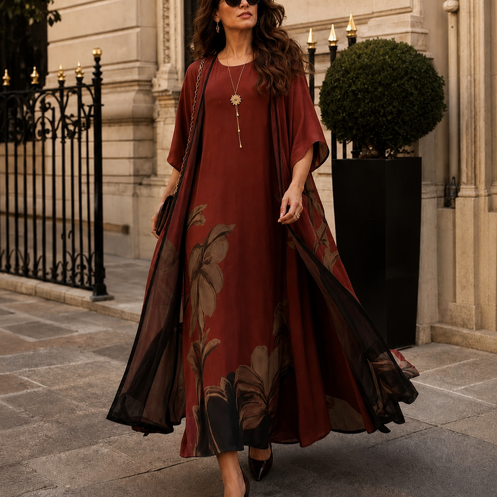 Charlotte Ashby | Floral Maxi Dress With Sheer Voile Coat For Women