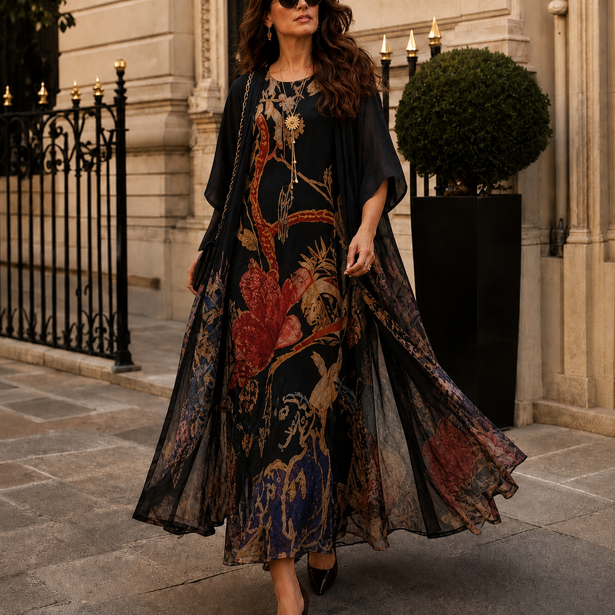 Charlotte Ashby | Floral Maxi Dress With Sheer Voile Coat For Women