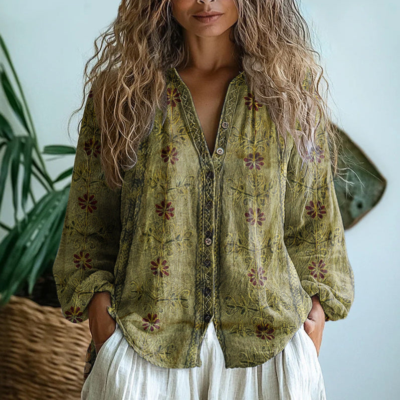 Élise Laurent | Botanical Linen Blouse with Artistic Print For Women