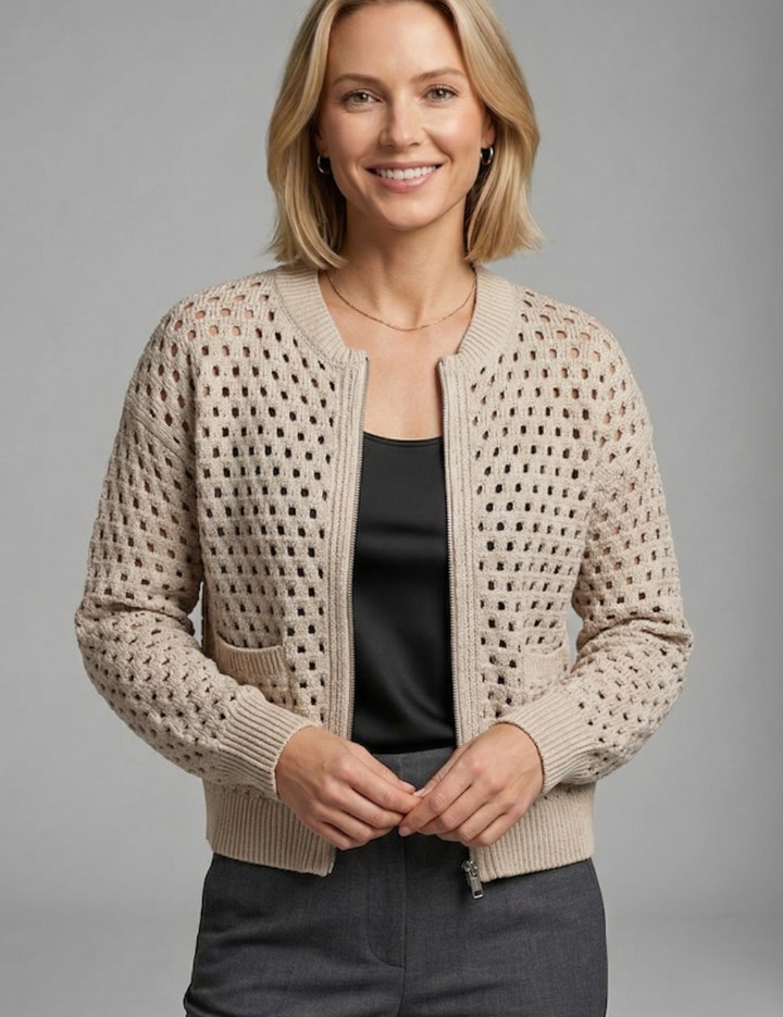Brooke Hughes | Crochet Zip-Up Bomber Cardigan For Women