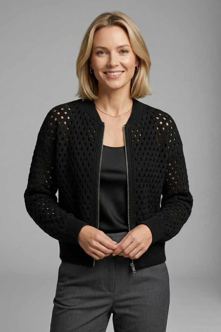 Brooke Hughes | Crochet Zip-Up Bomber Cardigan For Women