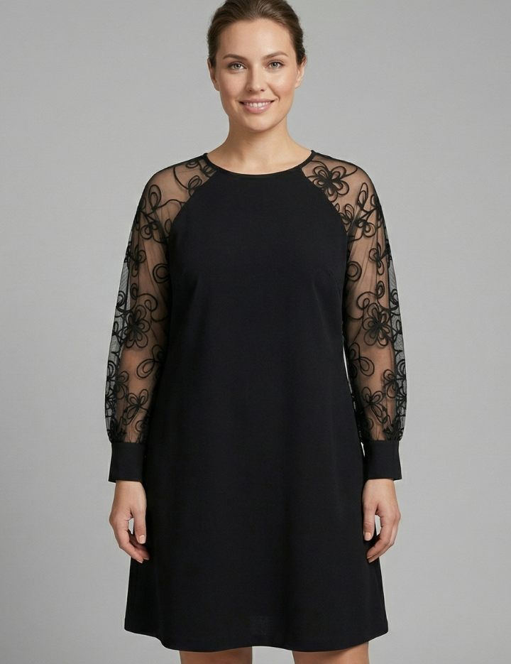 Mia Clarke | Long Sleeve Mini Dress with Embroidered Lace Sleeves For Women
