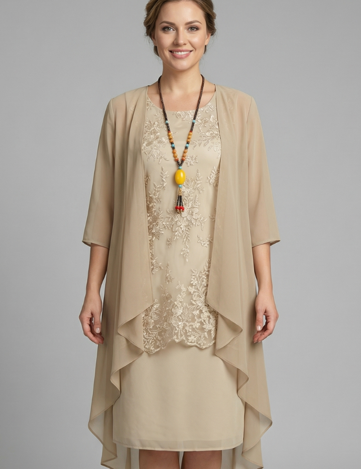 Lauren King | Layered Chiffon Midi Dress with Lace Overlay For Women