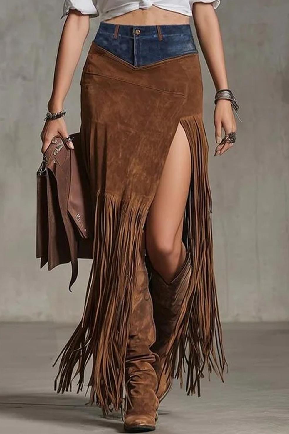 Nina Ashwood | Denim-Waist Suede Fringe Maxi Skirt For Women
