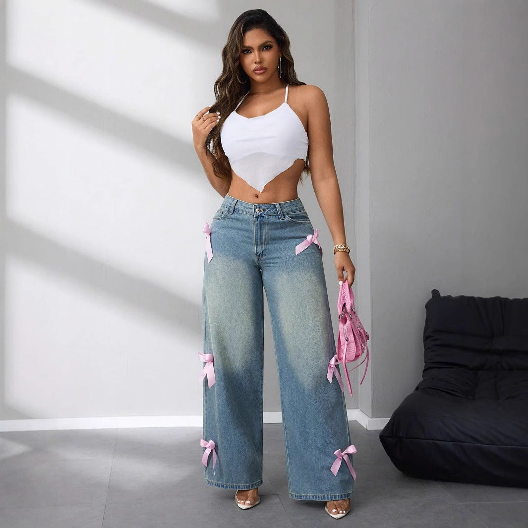 Valentina Ricci | Wide Leg Bow Detail Jeans For Women