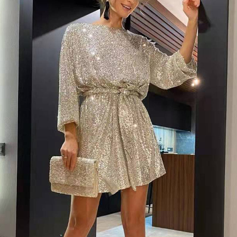 Chloé Bernard | Sparkling Sequin Mini Dress with Waist Tie Detail For Women