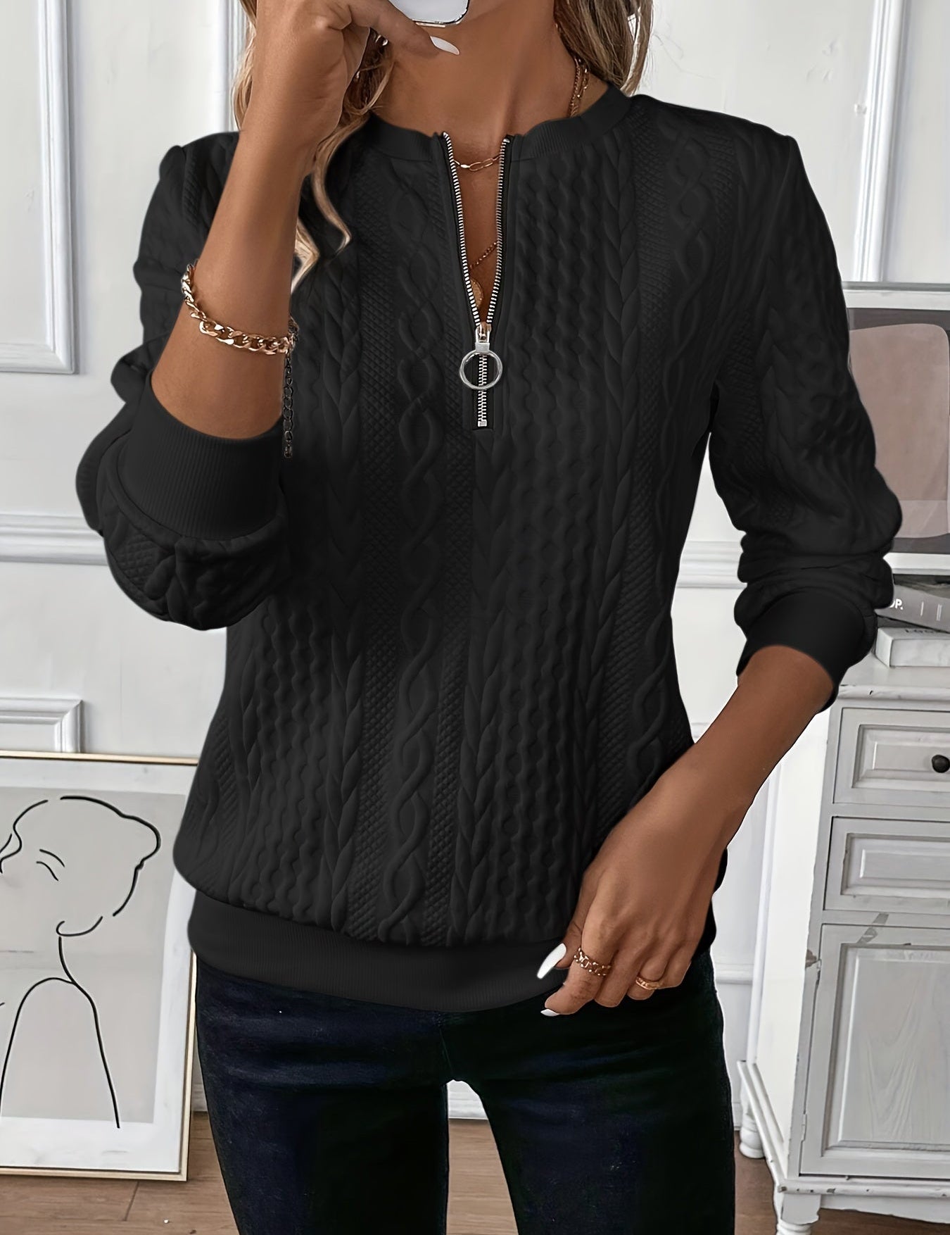 Lily Cooper | Cable Knit Half-Zip Sweatshirt For Women