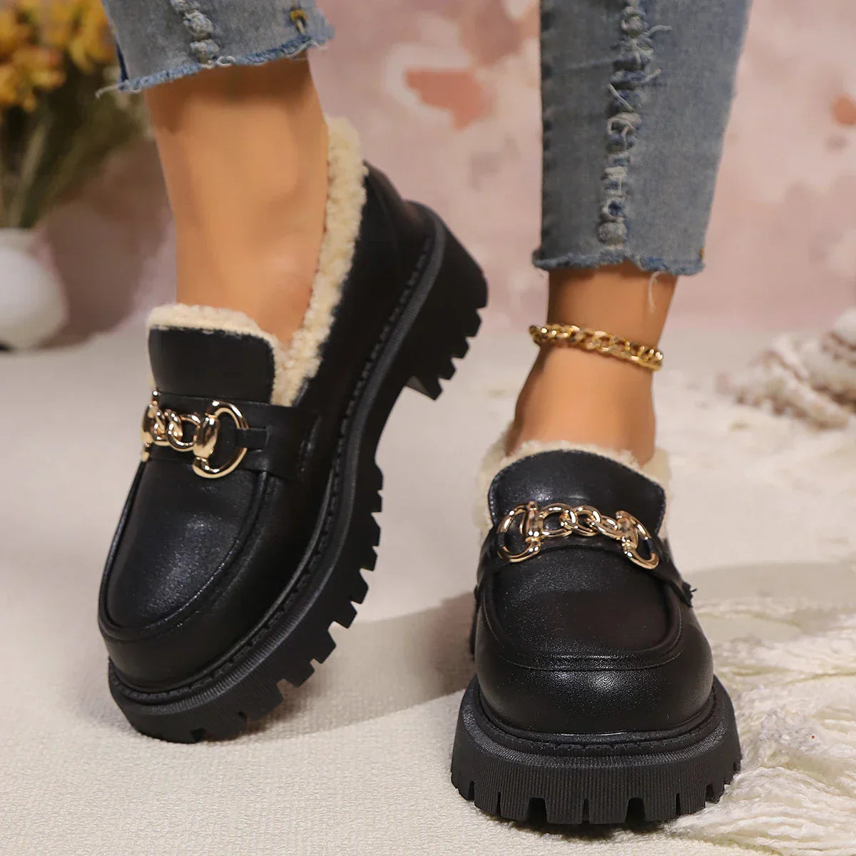 Giulia Moreau | Platform Fur-Lined Loafers with Gold Chain Detail For Women