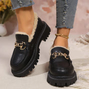 Giulia Moreau | Platform Fur-Lined Loafers with Gold Chain Detail For Women