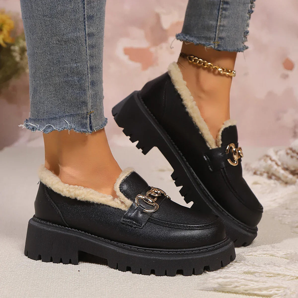 Giulia Moreau | Platform Fur-Lined Loafers with Gold Chain Detail For Women