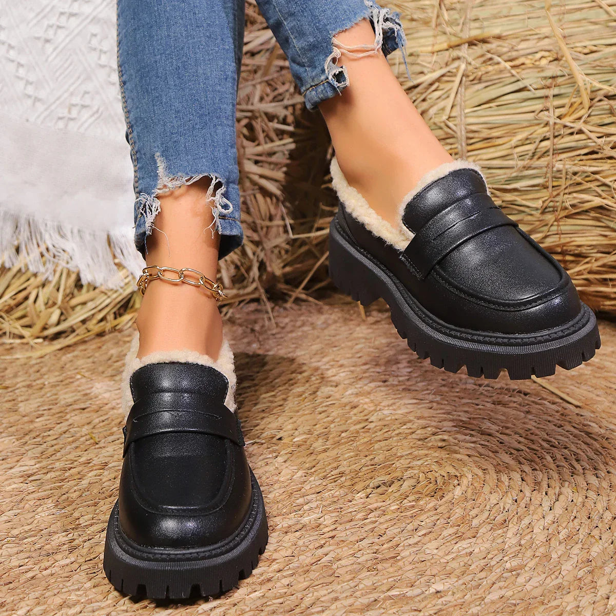 Giulia Moreau | Platform Fur-Lined Loafers with Gold Chain Detail For Women