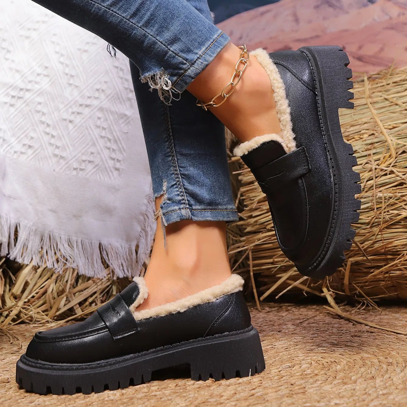 Giulia Moreau | Platform Fur-Lined Loafers with Gold Chain Detail For Women