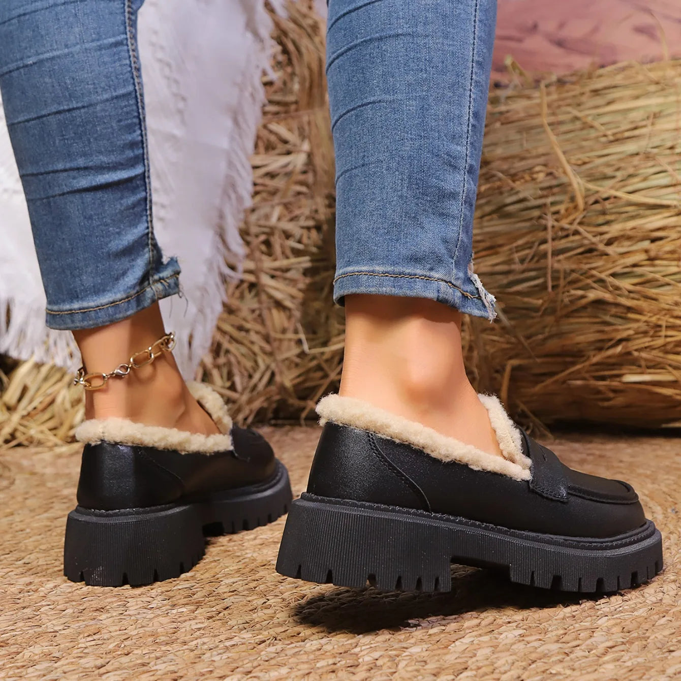 Giulia Moreau | Platform Fur-Lined Loafers with Gold Chain Detail For Women
