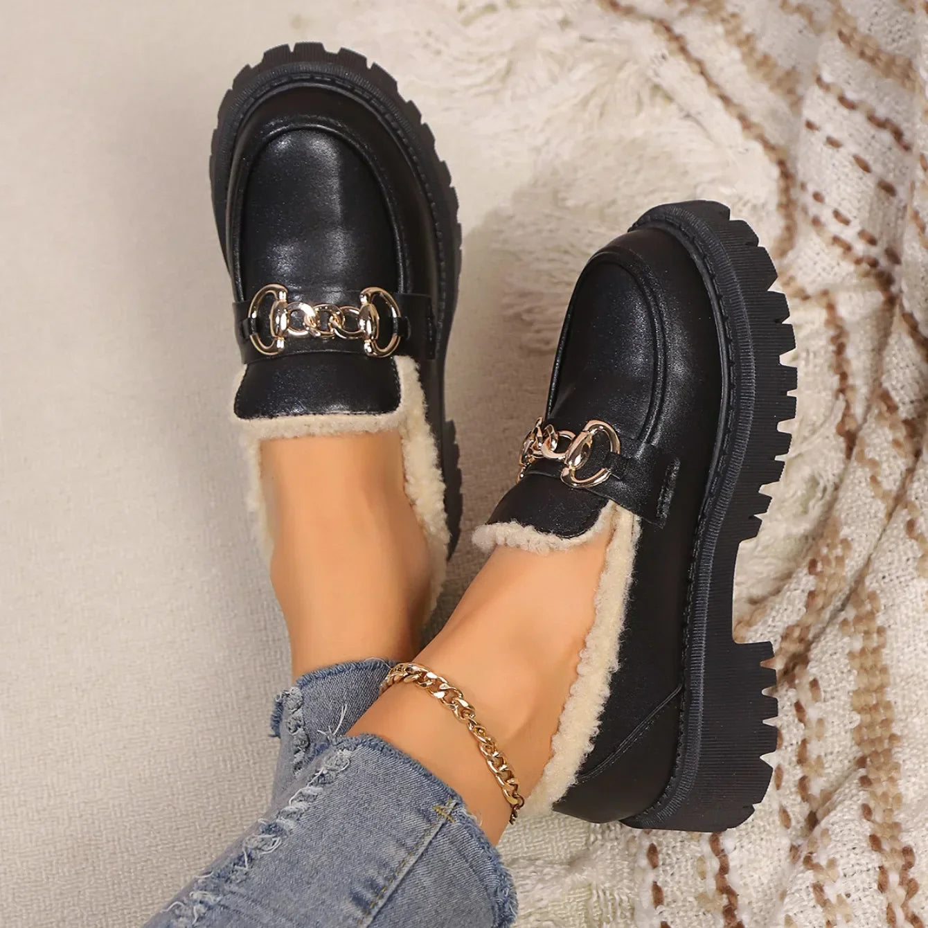Giulia Moreau | Platform Fur-Lined Loafers with Gold Chain Detail For Women