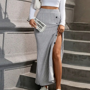 Lucienne Moretti | Ribbed Side-Slit Maxi Skirt For Women