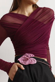 Élise Moreau | Ruched Wrap Mesh Top For Women