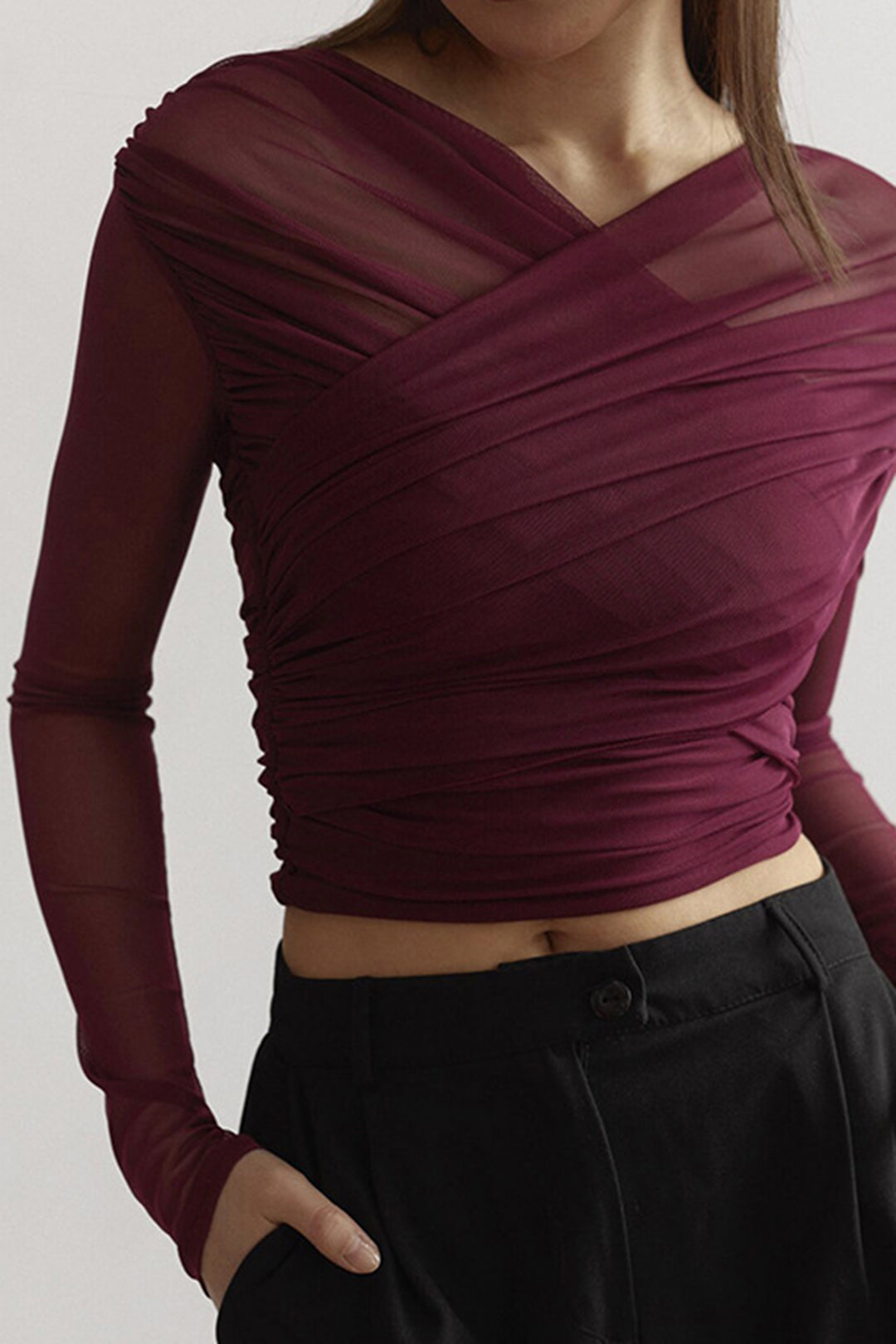 Élise Moreau | Ruched Wrap Mesh Top For Women