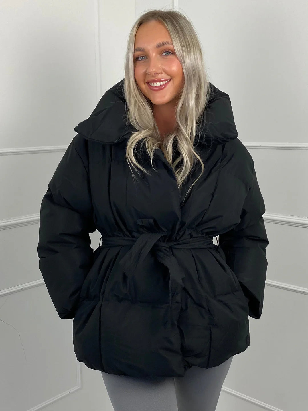 Amelie Dubois | Belted Puffer Jacket With Luxe Collar For Women
