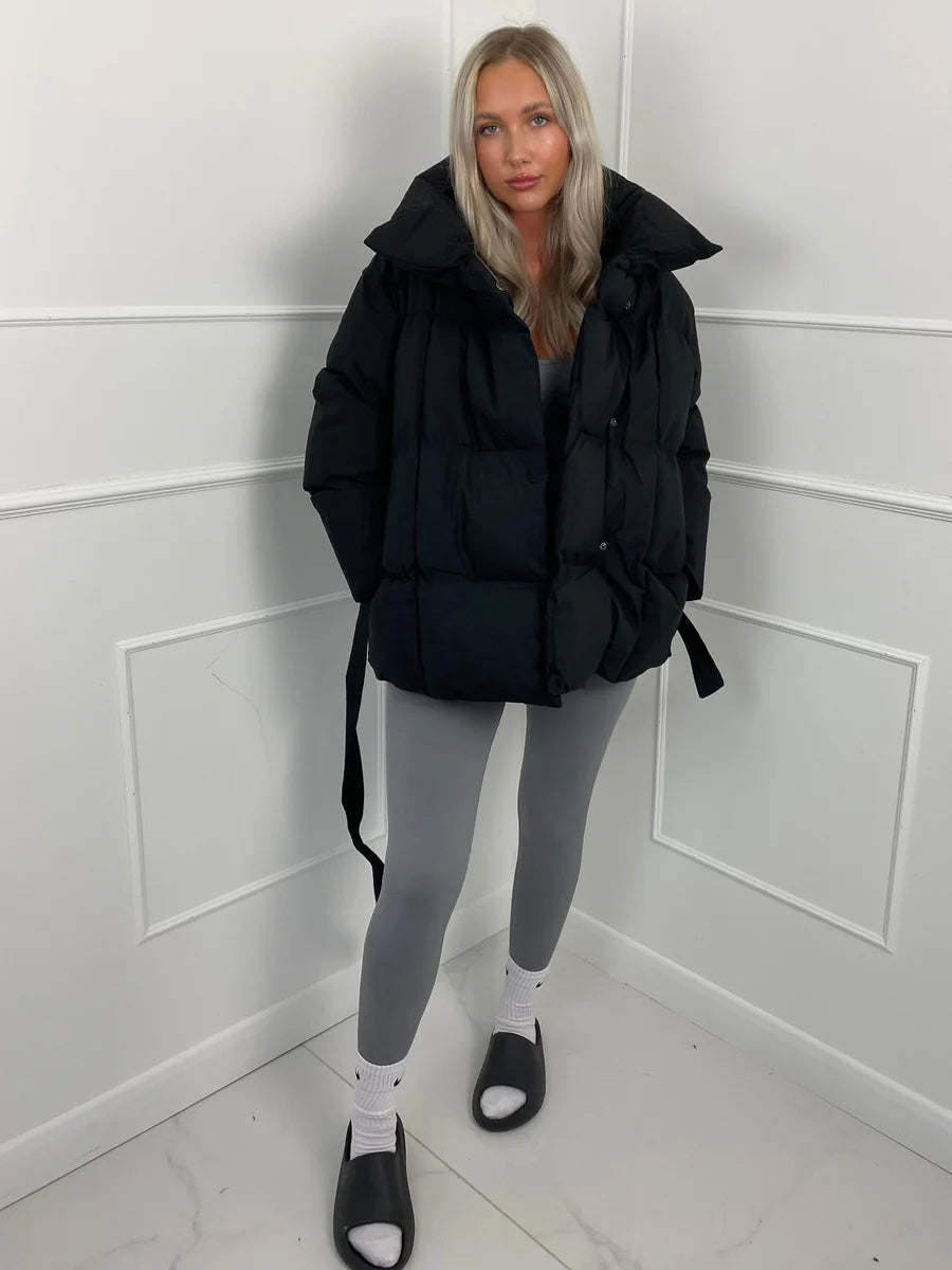 Amelie Dubois | Belted Puffer Jacket With Luxe Collar For Women