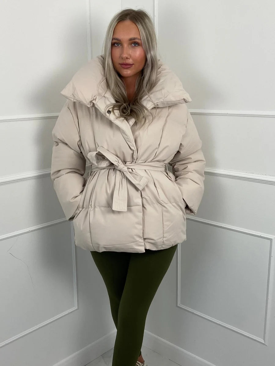Amelie Dubois | Belted Puffer Jacket With Luxe Collar For Women