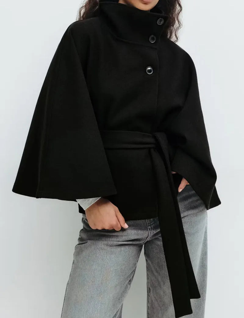 Womens-Short-Cape-Coat-Funnel-Neck-Belted-Waist-Cape-Sleeves-6.webp