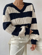 Women's Striped Cable Knit Sweater — Cosy Winter Jumper