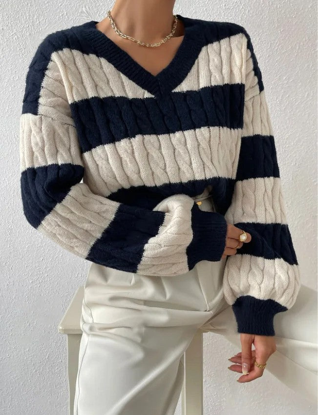 Women's Striped Cable Knit Sweater — Cosy Winter Jumper