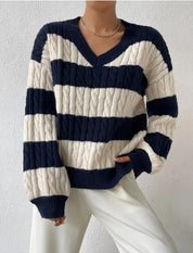 Women's Striped Cable Knit Sweater — Cosy Winter Jumper