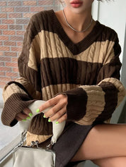 Women's Striped Cable Knit Sweater — Cosy Winter Jumper