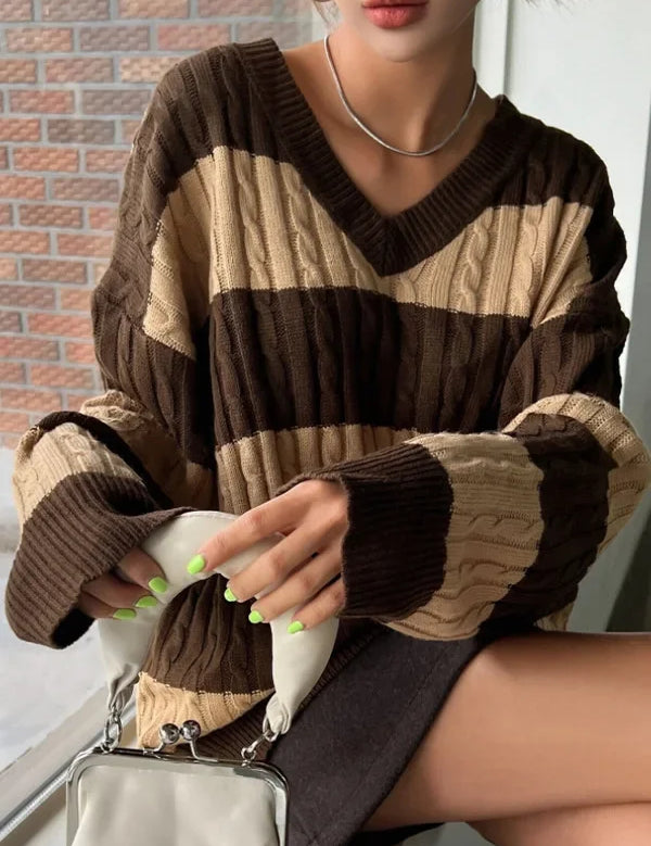 Women's Striped Cable Knit Sweater — Cosy Winter Jumper