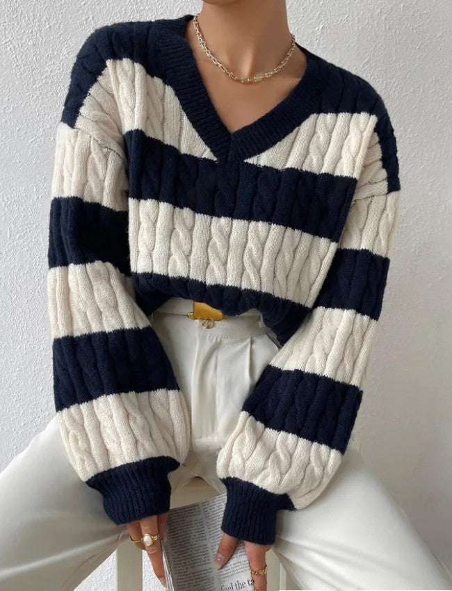 Women's Striped Cable Knit Sweater — Cosy Winter Jumper